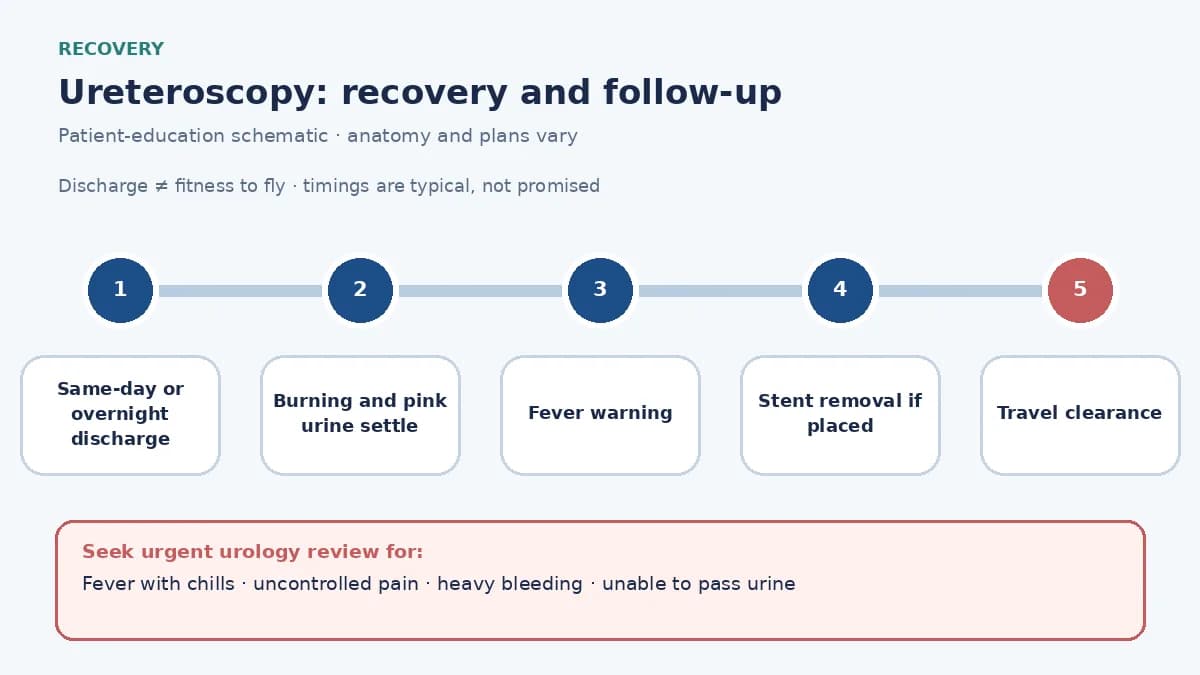 Ureteroscopy recovery pathway infographic showing same-day or overnight discharge, burning and pink urine expectations, fever warning, stent-removal plan and travel clearance