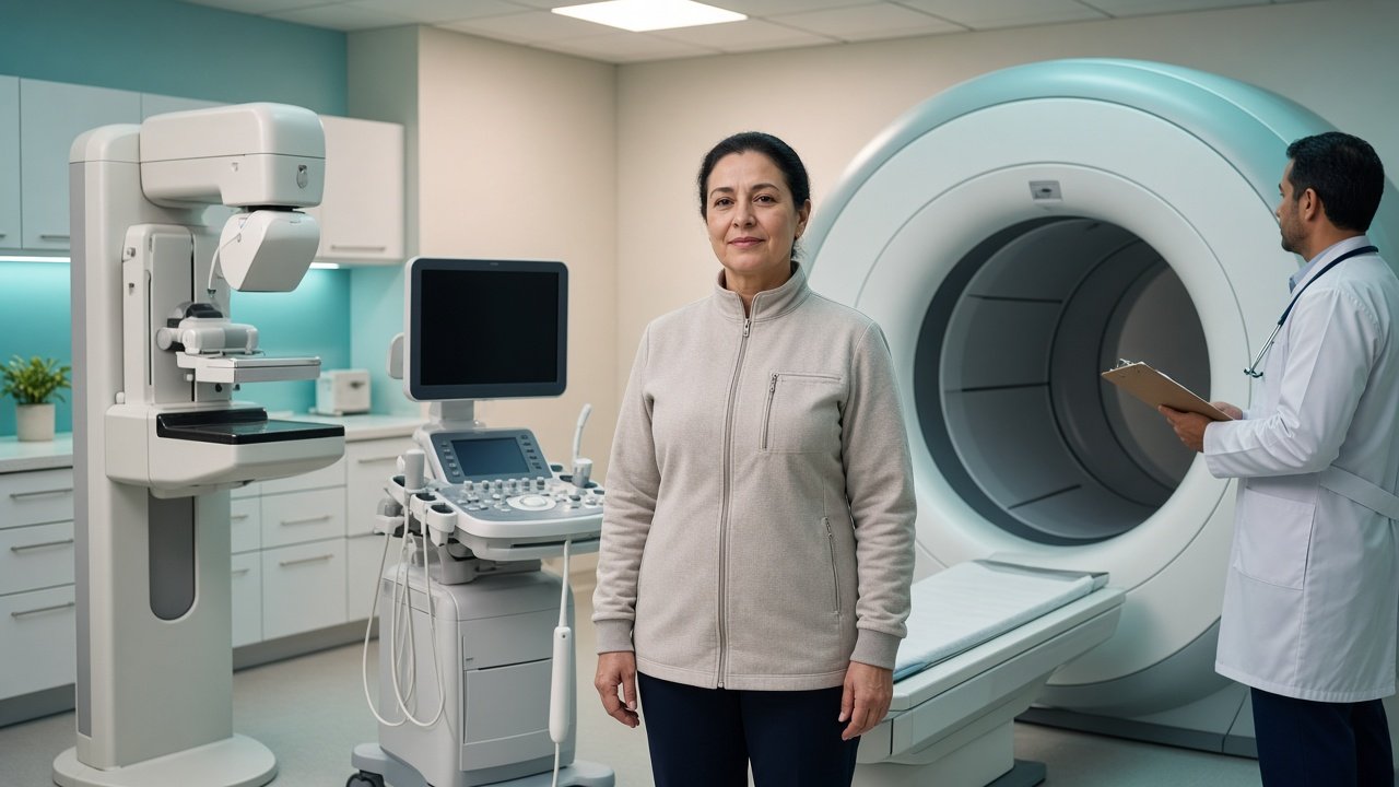 Adult patient in a radiology suite with a mammography unit, ultrasound cart, MRI scanner and a clinician holding a clipboard