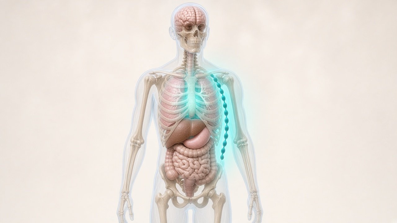 Transparent human body showing a highlighted chest site, a lymph-node chain under the arm, and internal organs used in staging
