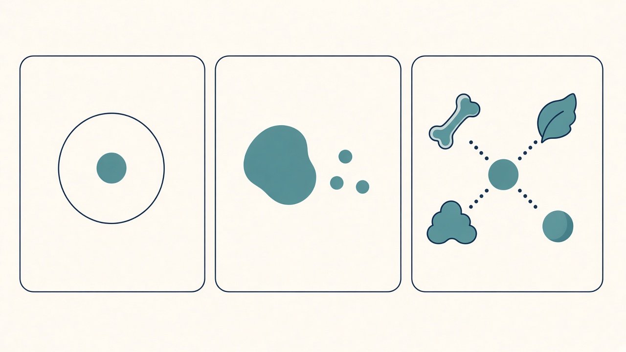 Three-panel visual of contained local disease, regional spread to nearby nodes, and distant spread to other organs