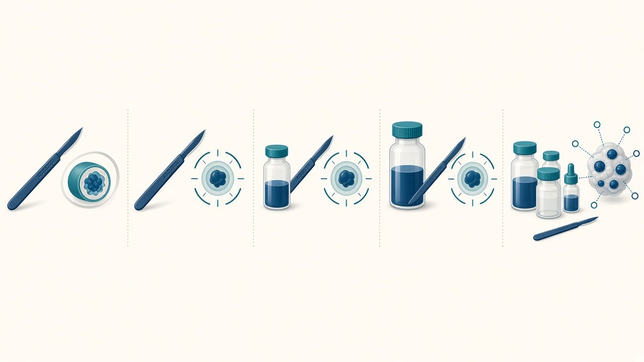 Visual sequence of treatment tools from local surgery, through surgery plus radiation and medicines, to systemic medicines as the main treatment when disease has spread
