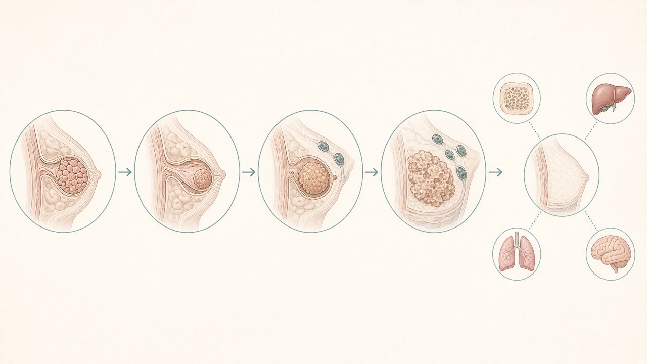 Visual sequence of breast cancer from cells confined in a duct, through a small then larger local tumour with nearby nodes, to distant spread in bone, liver, lung and brain