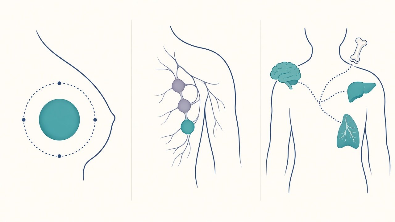 Three-panel visual of TNM staging: a measured primary tumour, a chain of regional lymph nodes, and dotted paths to distant organs