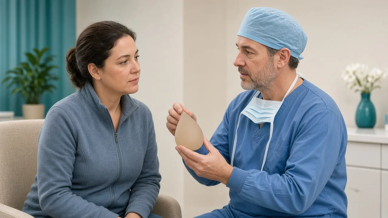 Reconstructive surgeon showing a silicone implant model to a clothed patient