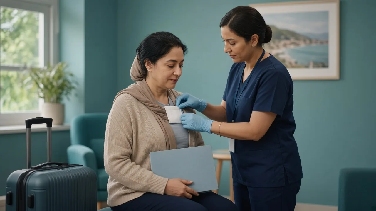 International patient with a suitcase and discharge folder during a postoperative dressing check