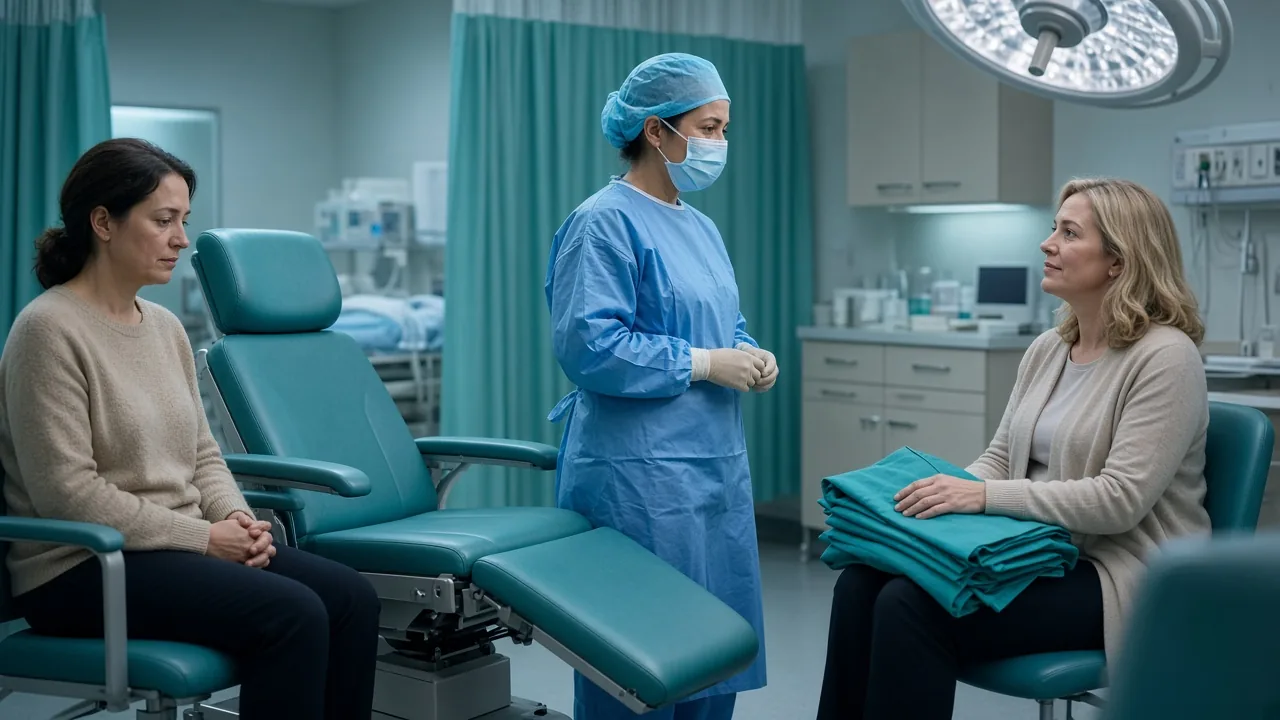 Two patients with a surgeon illustrating immediate versus delayed reconstruction timing