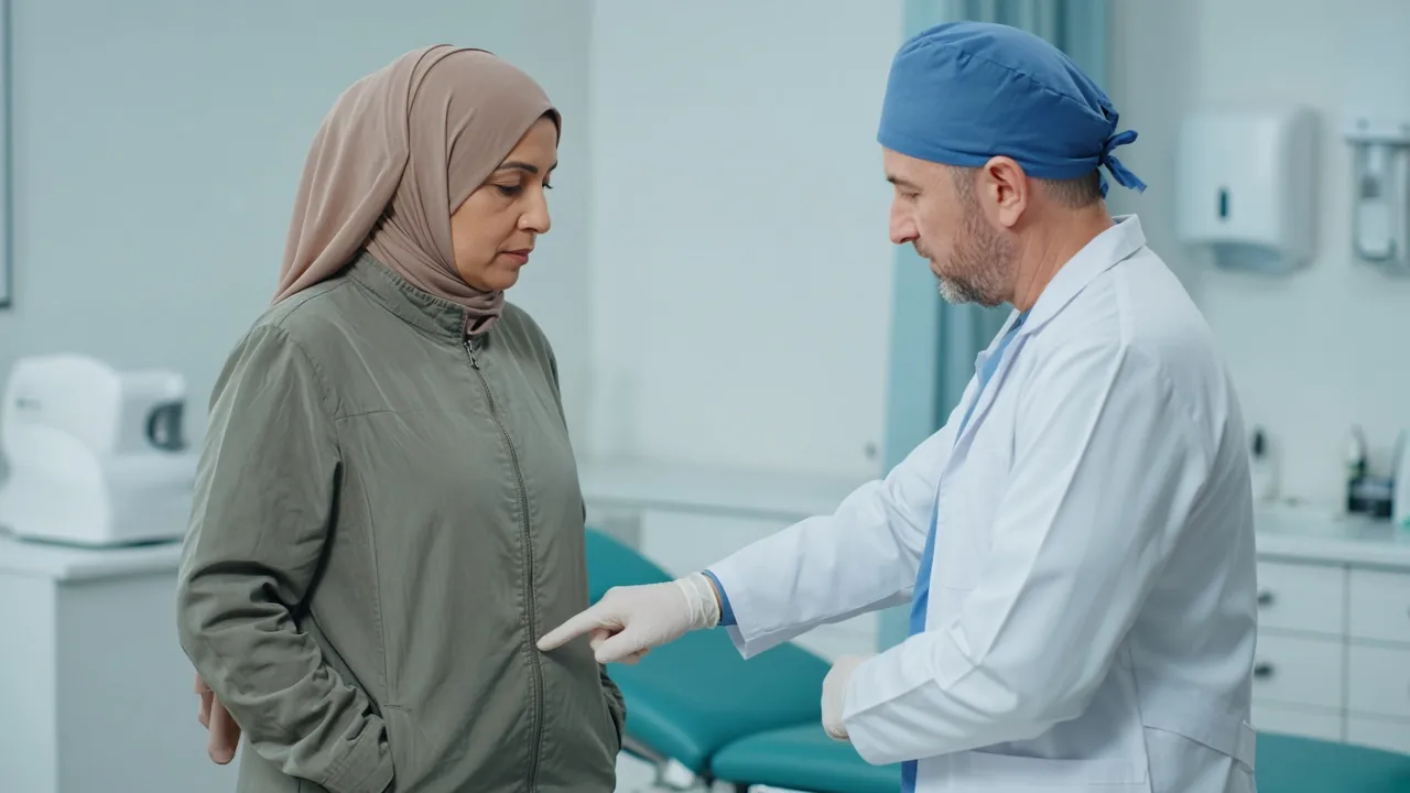 Surgeon indicating a possible abdominal tissue-donor site on a clothed patient