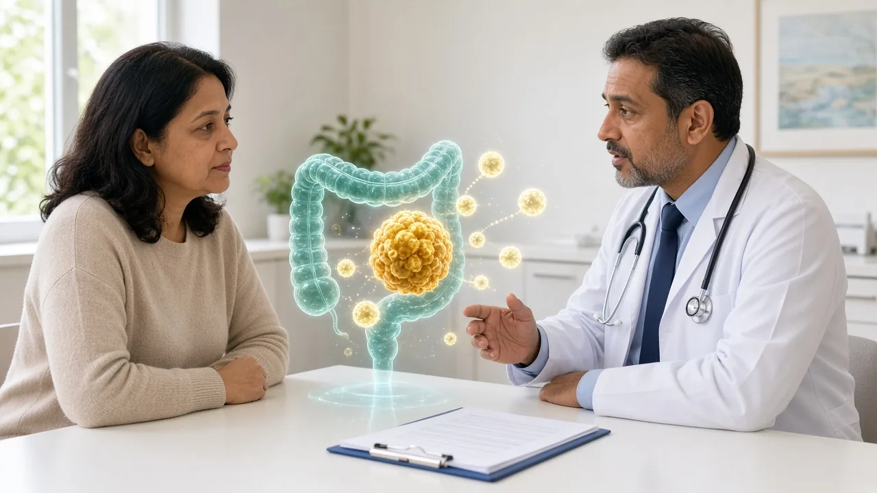 Adult patient in clinic with a colon-and-immune overlay while a medical oncologist explains MSI-H immunotherapy