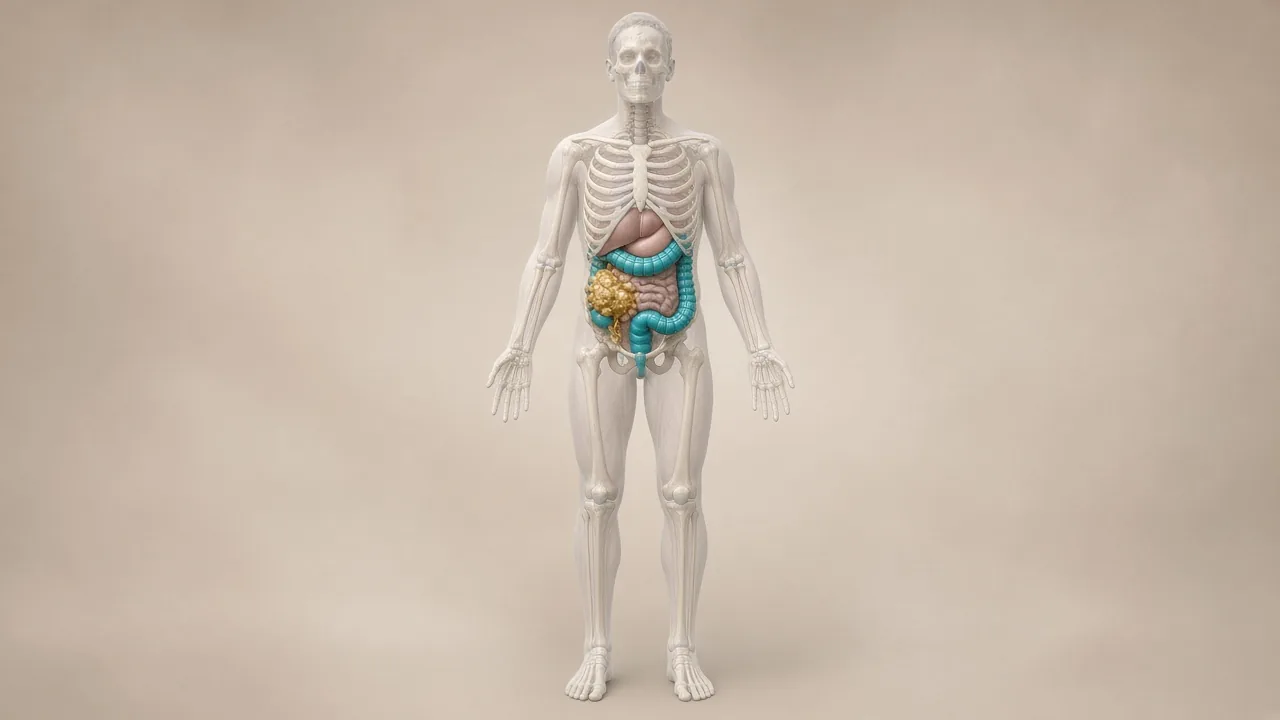 Transparent adult body with a teal colon and a gold tumour invading through the bowel wall used to explain Stage 2 colon cancer