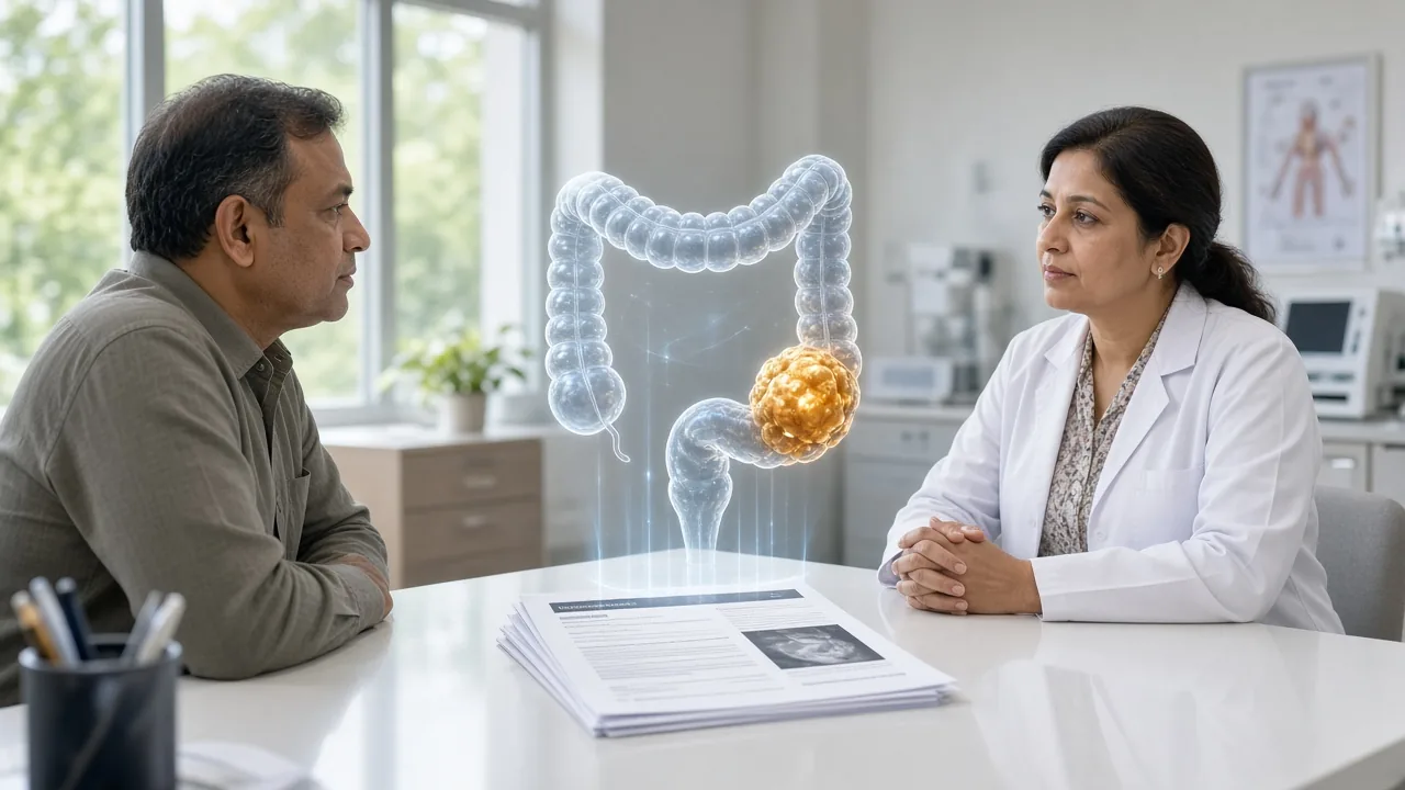 Adult patient in clinic with a colon overlay while a medical oncologist explains Stage 2 pathology and chemotherapy