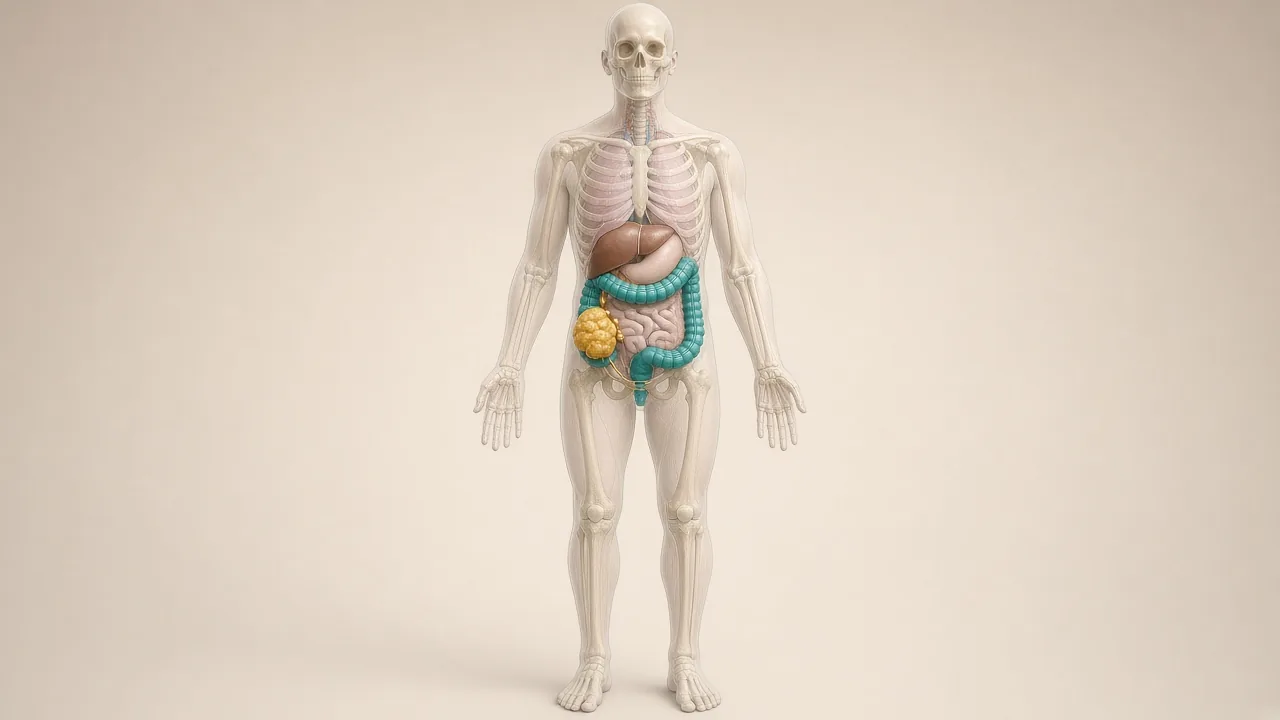 Transparent adult body with a teal colon, gold tumour and gold regional lymph nodes used to explain Stage 3 colon cancer