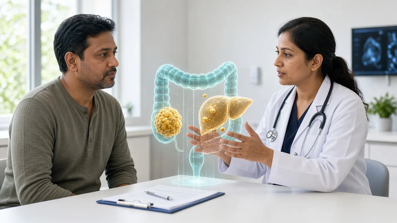 Adult patient in clinic with a colon-and-liver overlay while a medical oncologist explains RAS, BRAF and HER2 targeted therapy