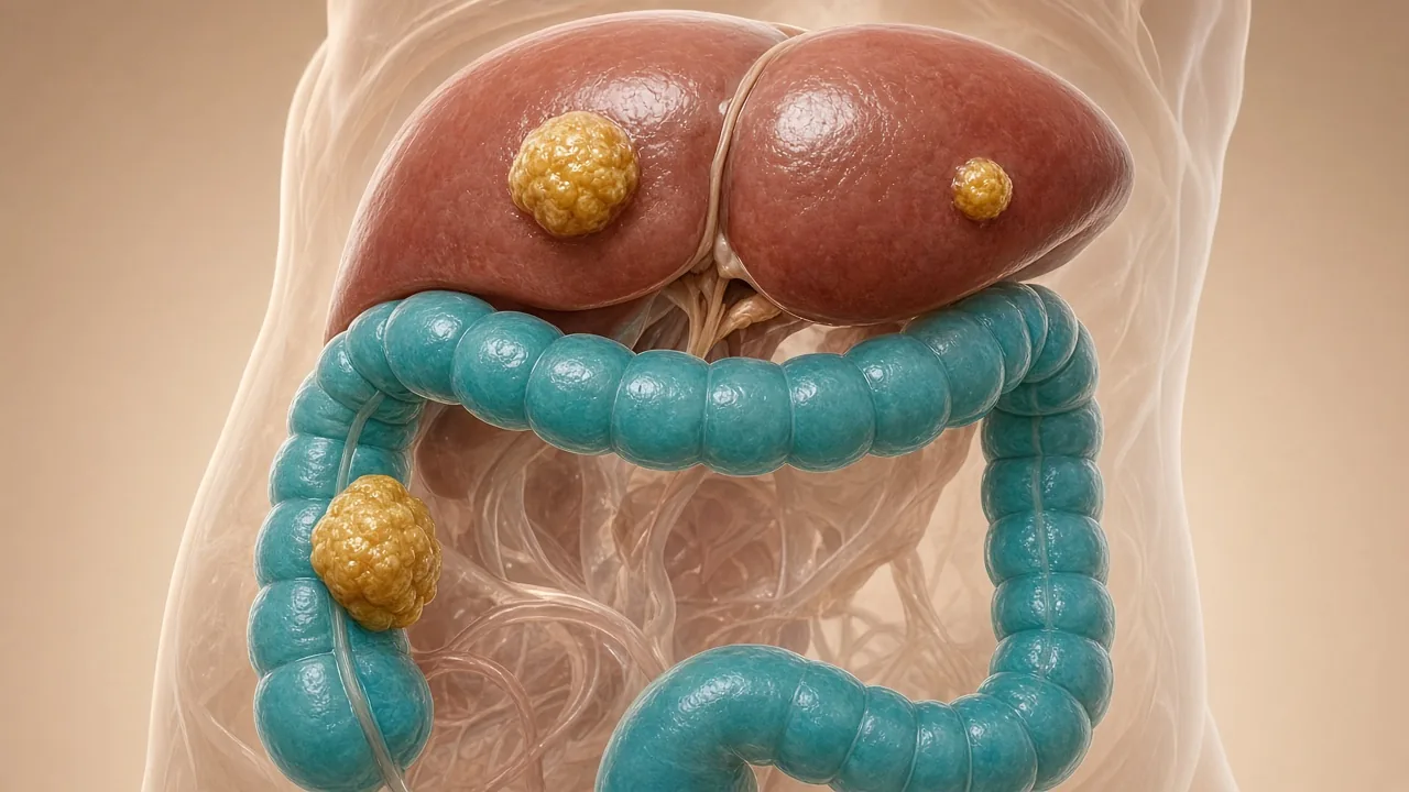 Transparent adult abdomen showing a teal colon, a gold colon tumour and gold liver metastases used to explain conversion targeted therapy