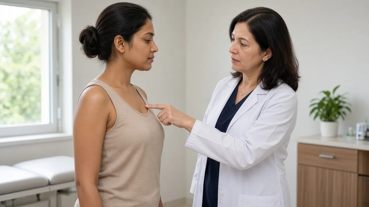 Clinician showing lymph-node locations on the body before a pathology second opinion