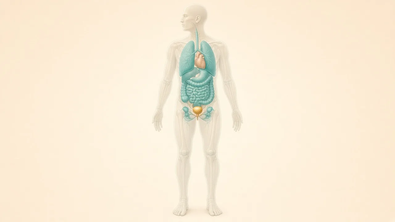 Transparent male body with a gold highlight on an intact prostate in the pelvis and teal pelvic lymph nodes