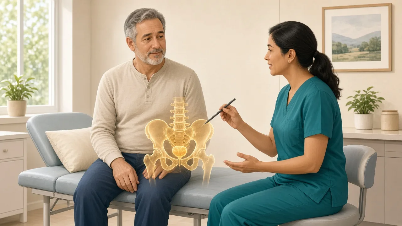 Male patient on a clinic couch with a gold pelvic overlay while a clinician explains monitoring instead of immediate treatment