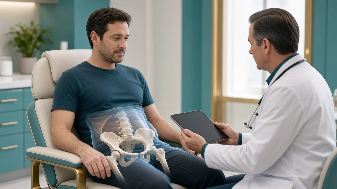 Male patient in clinic with a pelvic overlay while a clinician reviews urinary recovery after brachytherapy