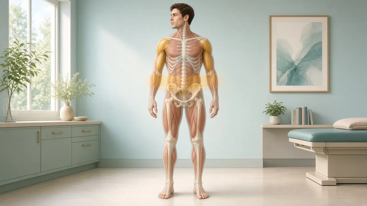 Male anatomical figure highlighting muscle, spine and hip bones with a gold band at the midsection to show body-composition change during hormone therapy