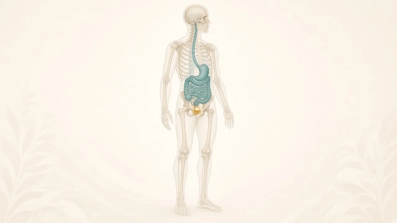 Transparent male body with the digestive tract in teal and a gold highlight on the prostate in the pelvis