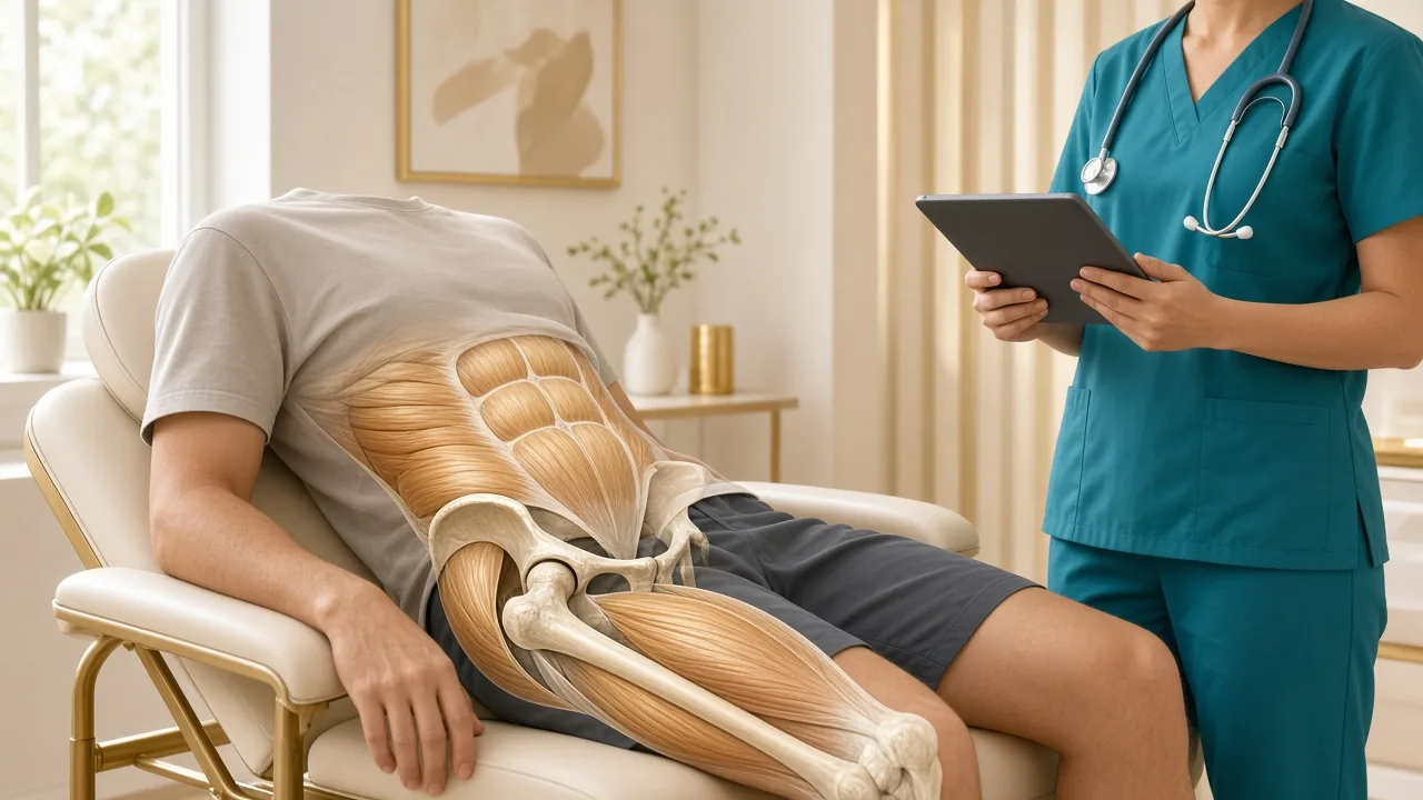 Male patient in clinic with a muscle and hip-bone overlay while a clinician reviews nutrition and recovery on a tablet