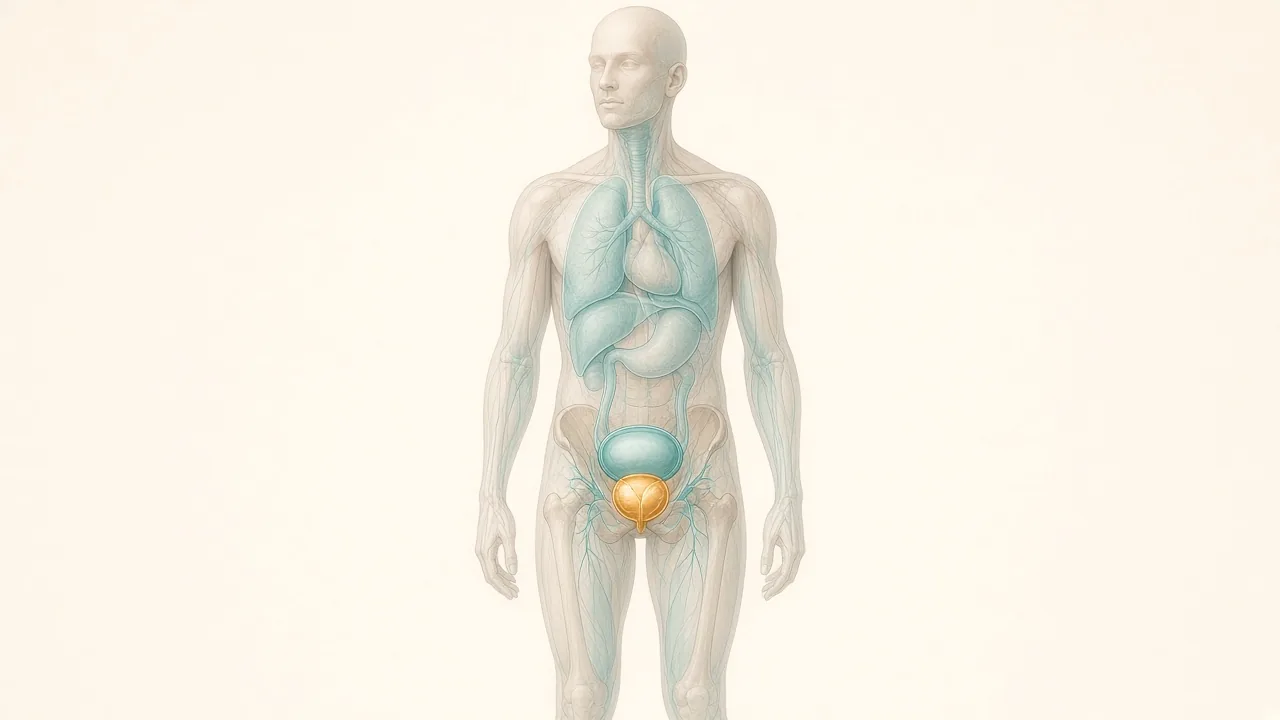 Transparent male body with a teal bladder above a gold-highlighted prostate in the pelvis