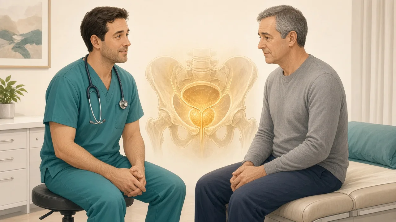 Male patient in clinic with a gold overlay of bladder and prostate while a clinician explains localized disease