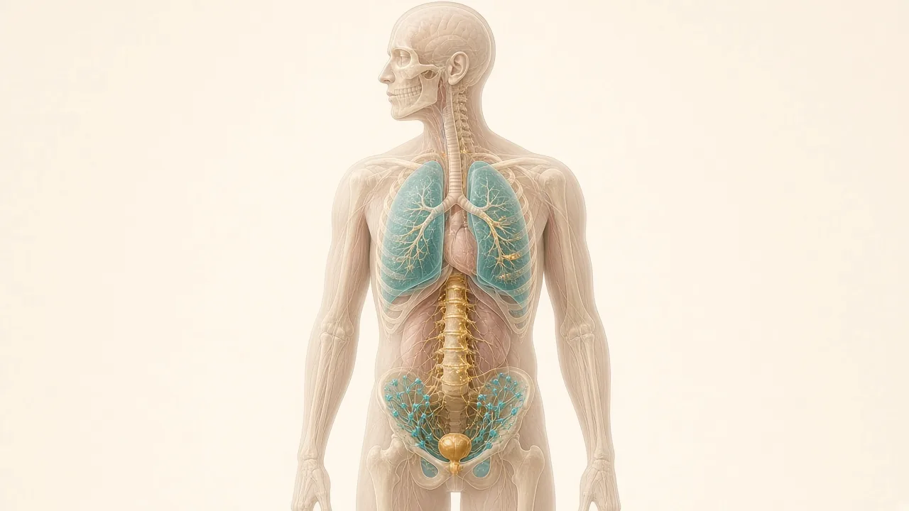 Transparent male body with a gold prostate, teal pelvic nodes and gold traces along the spine used to explain PSMA-targeted radioligand therapy