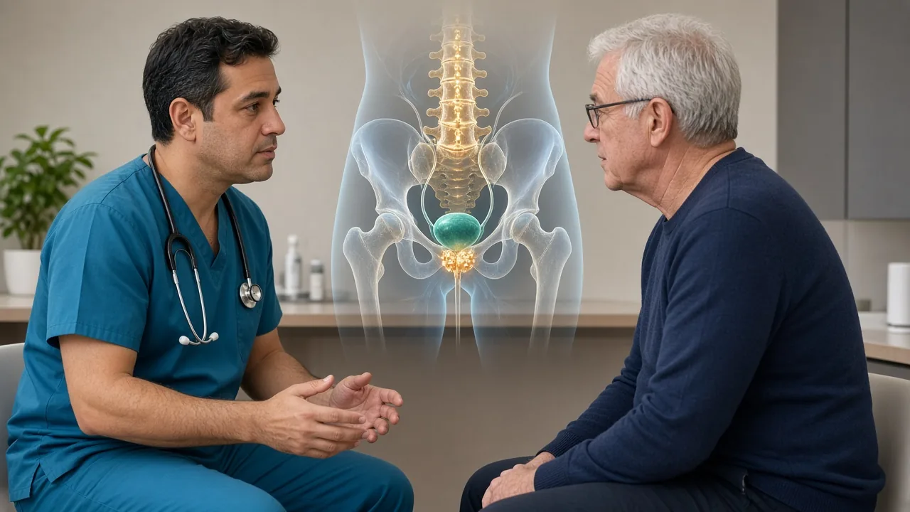 Male patient in clinic with a gold pelvic overlay of bladder, prostate and spine while a clinician explains metastatic disease