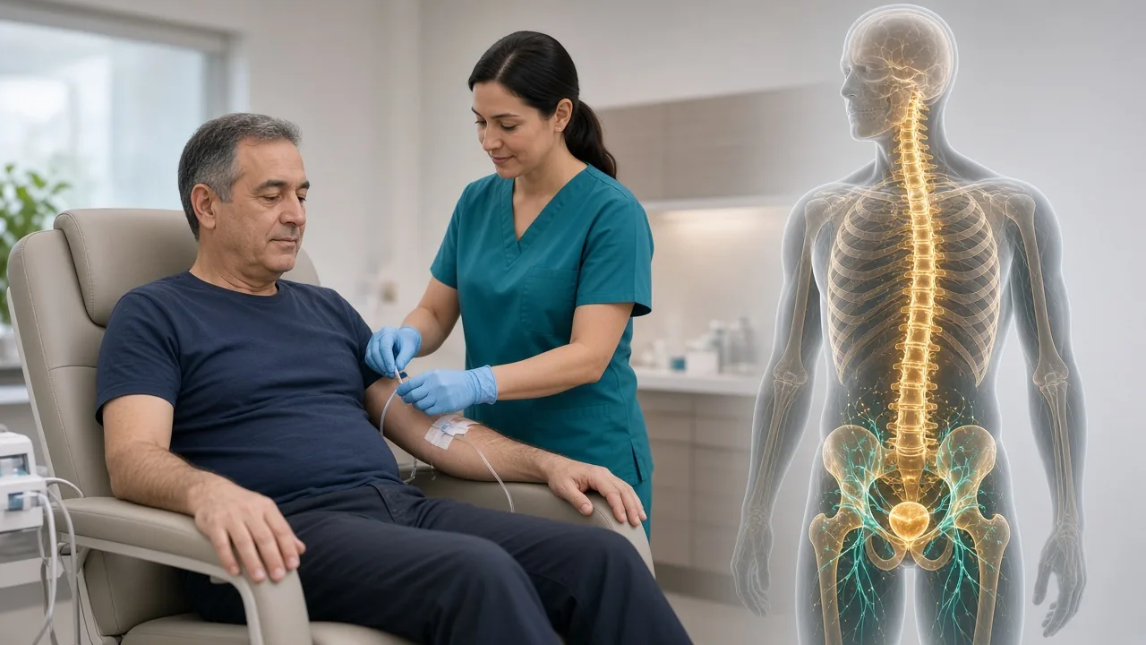 Male patient receiving an intravenous infusion while a clinician works, with a gold-spine overlay of PSMA-targeted disease