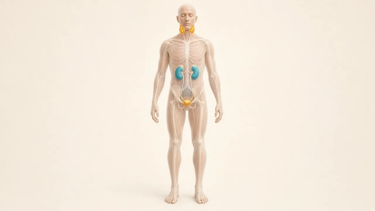 Transparent male figure with gold salivary glands, teal kidneys and a gold prostate used to explain Lu-177 monitoring