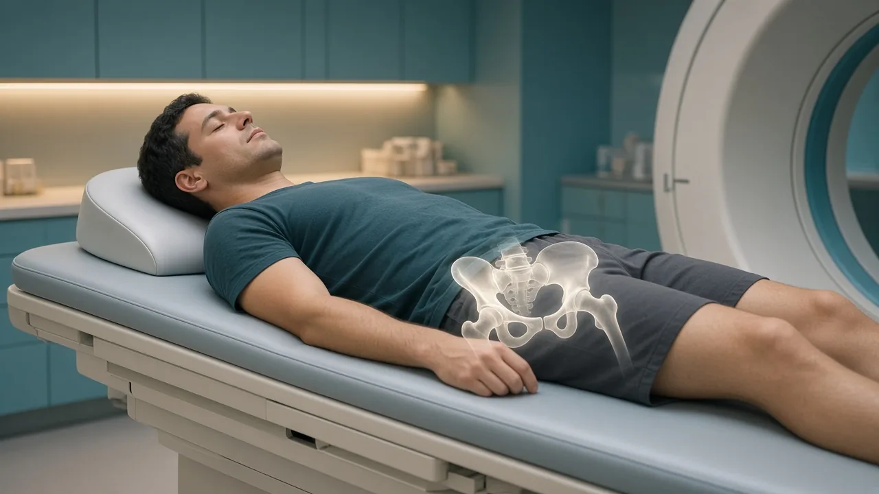 Male patient lying on a treatment couch with a faint pelvic-bone overlay for external-beam radiation planning