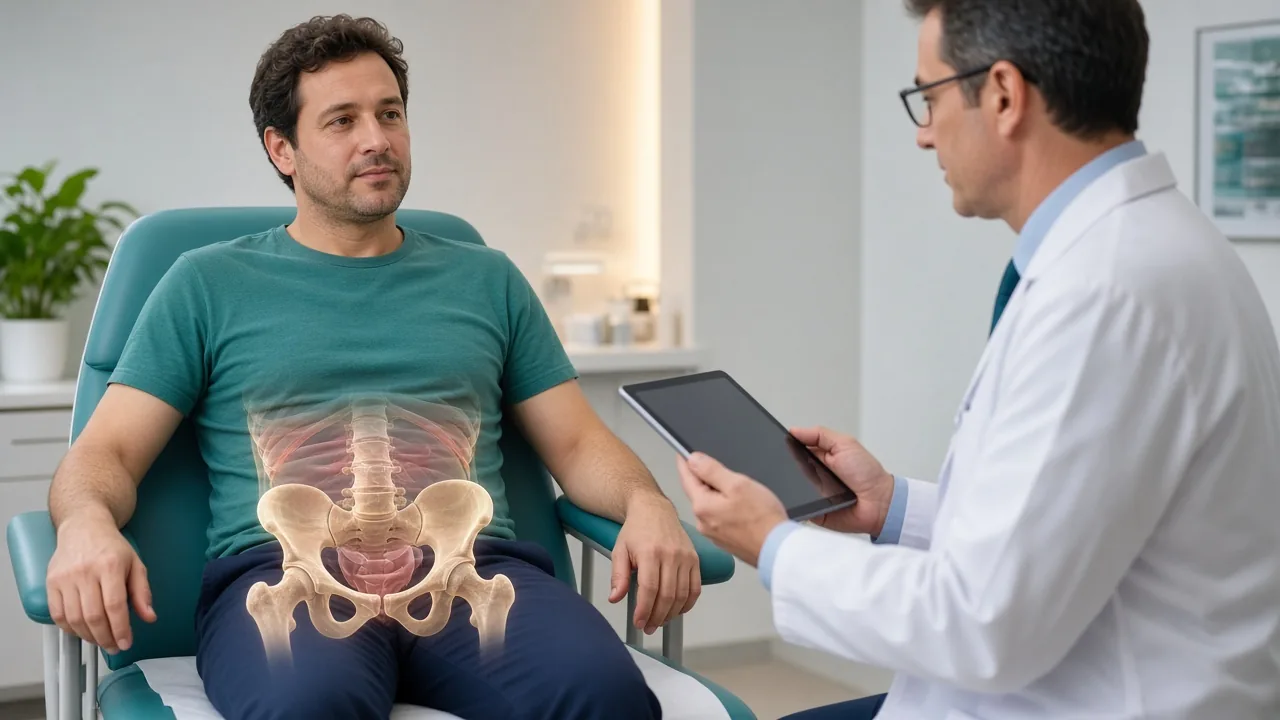 Male patient in clinic with a pelvic overlay while a clinician reviews monitoring results on a tablet