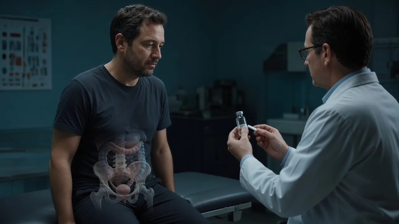Male patient on an examination table with a lower-abdomen overlay while a clinician holds a medicine vial