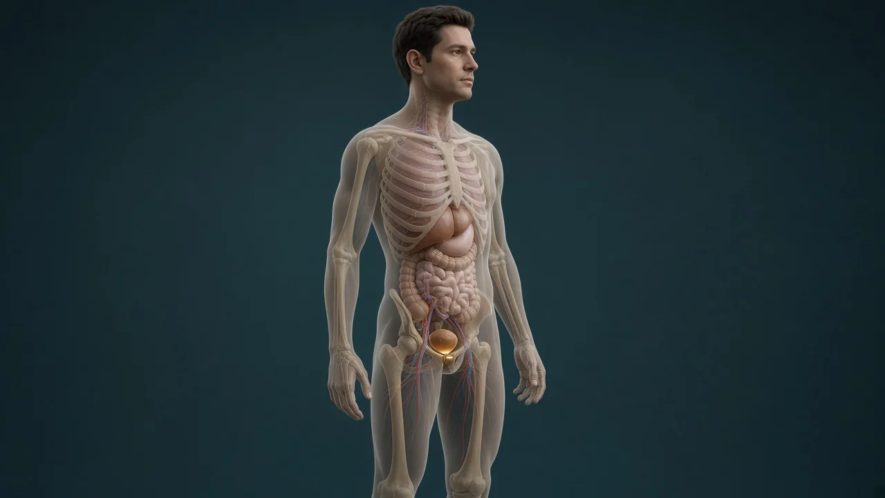 Transparent male body highlighting the prostate in the pelvis as the starting point for treatment planning
