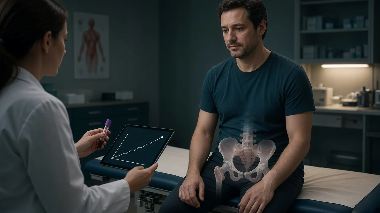 Clinic visit after prostate cancer treatment with PSA blood testing and a pelvic overlay