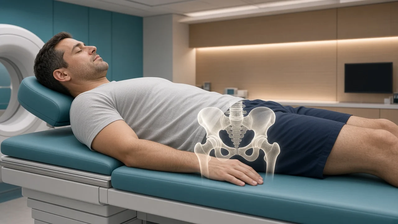 Male patient on an imaging couch with a pelvic-bone overlay used in prostate radiation planning