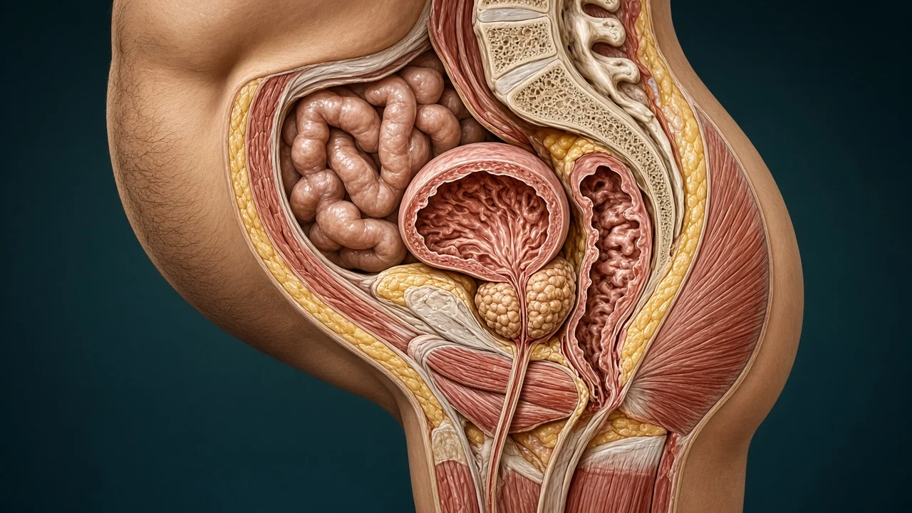 Sagittal male pelvis showing the bladder and the gland beneath it that is removed during radical prostatectomy