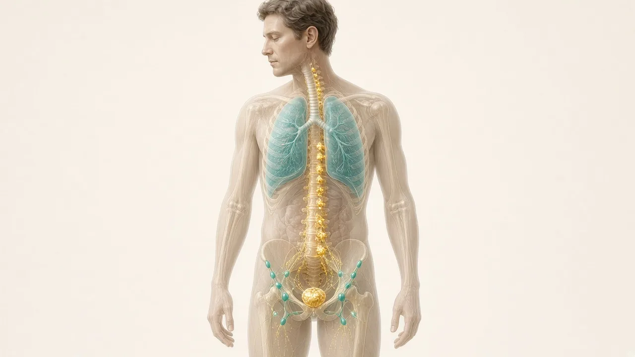 Transparent male body with a gold prostate, teal pelvic nodes and gold spinal traces used to explain PSMA PET staging