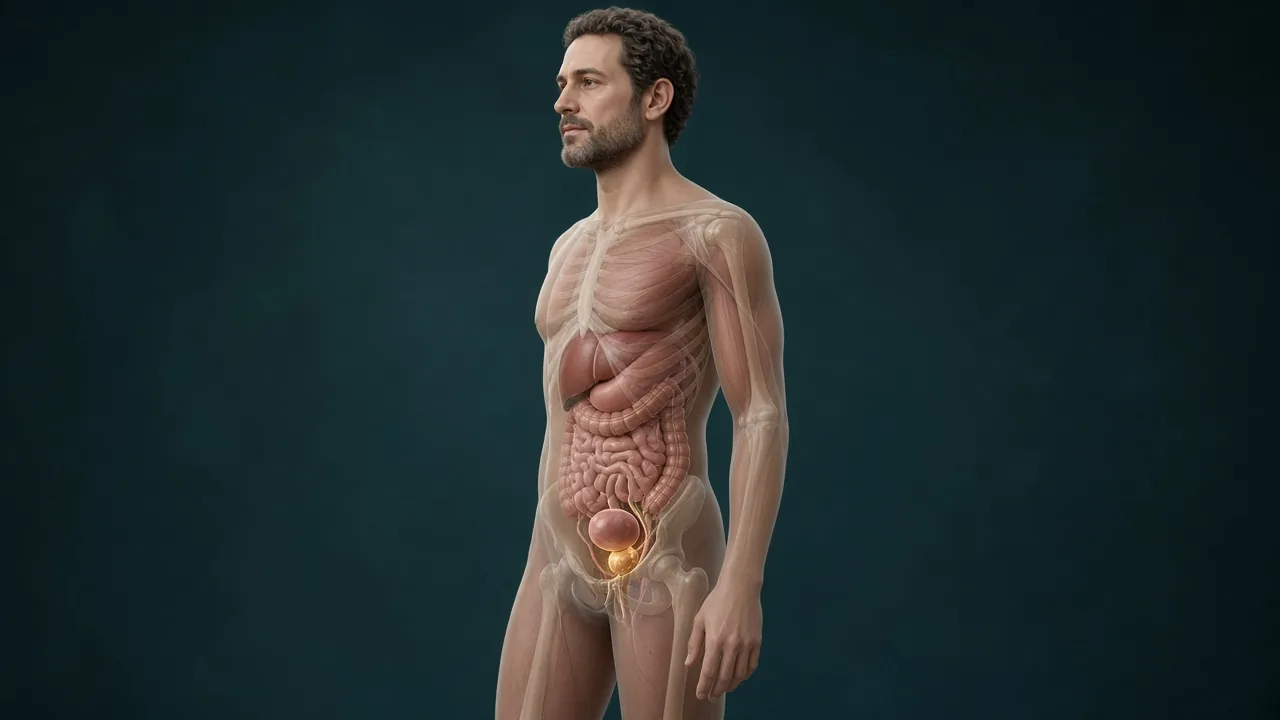 Transparent male body highlighting the prostate in the pelvis as the target for radiation planning