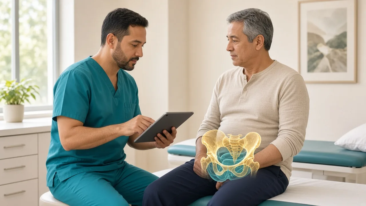 Male patient in clinic with a gold pelvic-bone overlay while a clinician reviews PSA results on a tablet