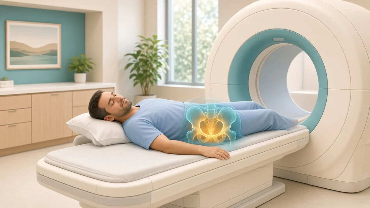 Male patient on a PET imaging couch with a gold pelvic overlay used to explain PSMA scanning after a PSA rise