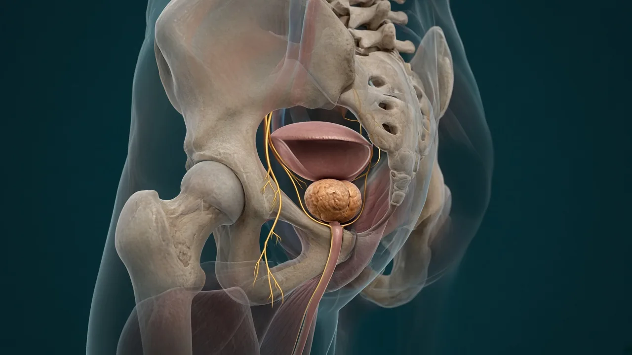 Male pelvis with gold nerve pathways alongside the prostate, used to explain nerve-sparing robotic prostatectomy