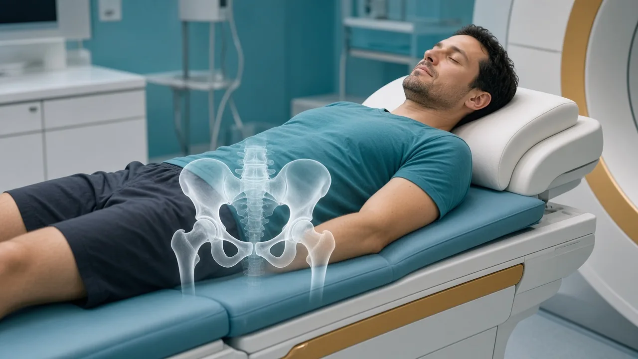 Male patient on an operating couch with a pelvic-bone overlay showing the small-incision robotic approach