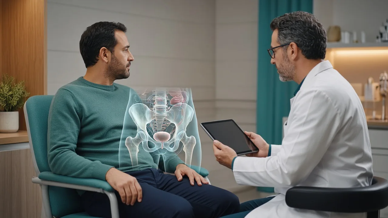 Male patient in a clinic chair with a pelvic overlay while a clinician reviews post-operative recovery on a tablet