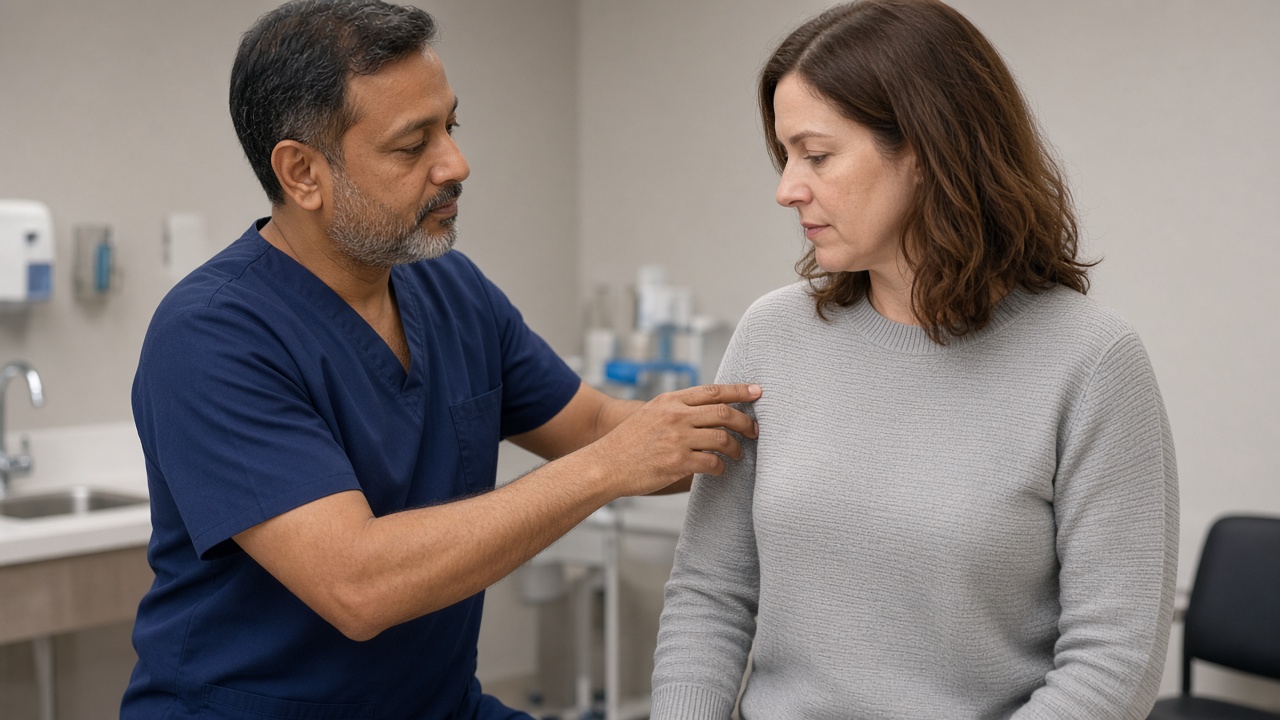 Surgeon explaining sentinel lymph-node assessment at the underarm