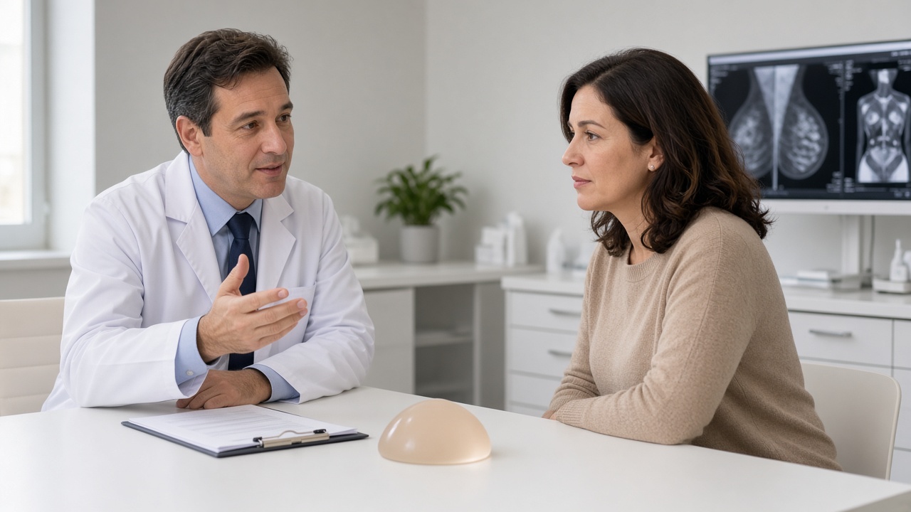 Surgeon discussing mastectomy and reconstruction options with a patient