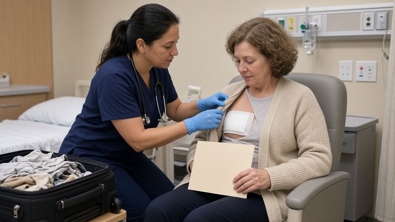 Nurse checking a postoperative dressing for an international surgery patient
