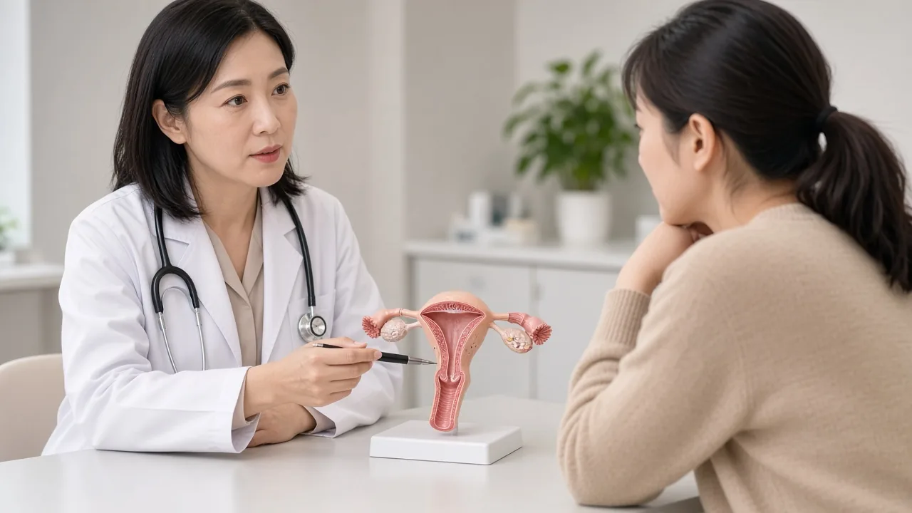 Gynecologic oncologist reviewing a pelvic overlay with a patient in clinic