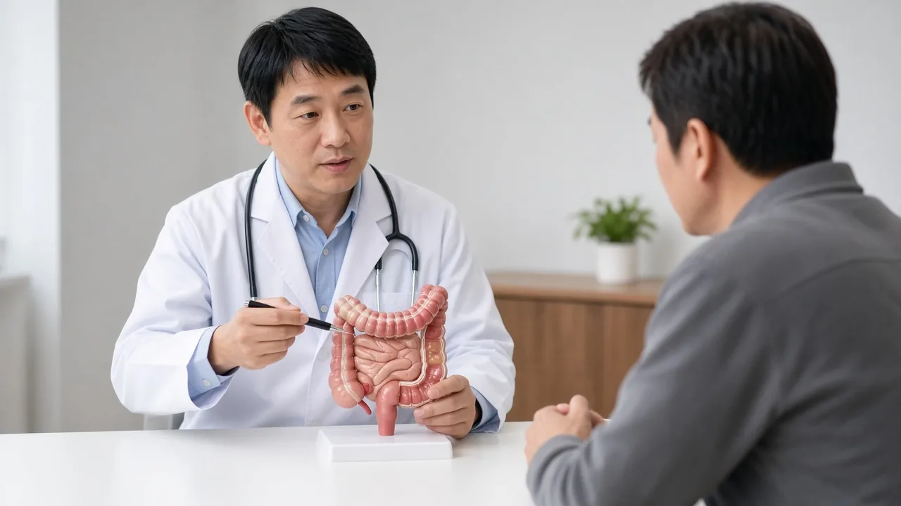 Adult patient in clinic with a colon overlay while a clinician explains colectomy
