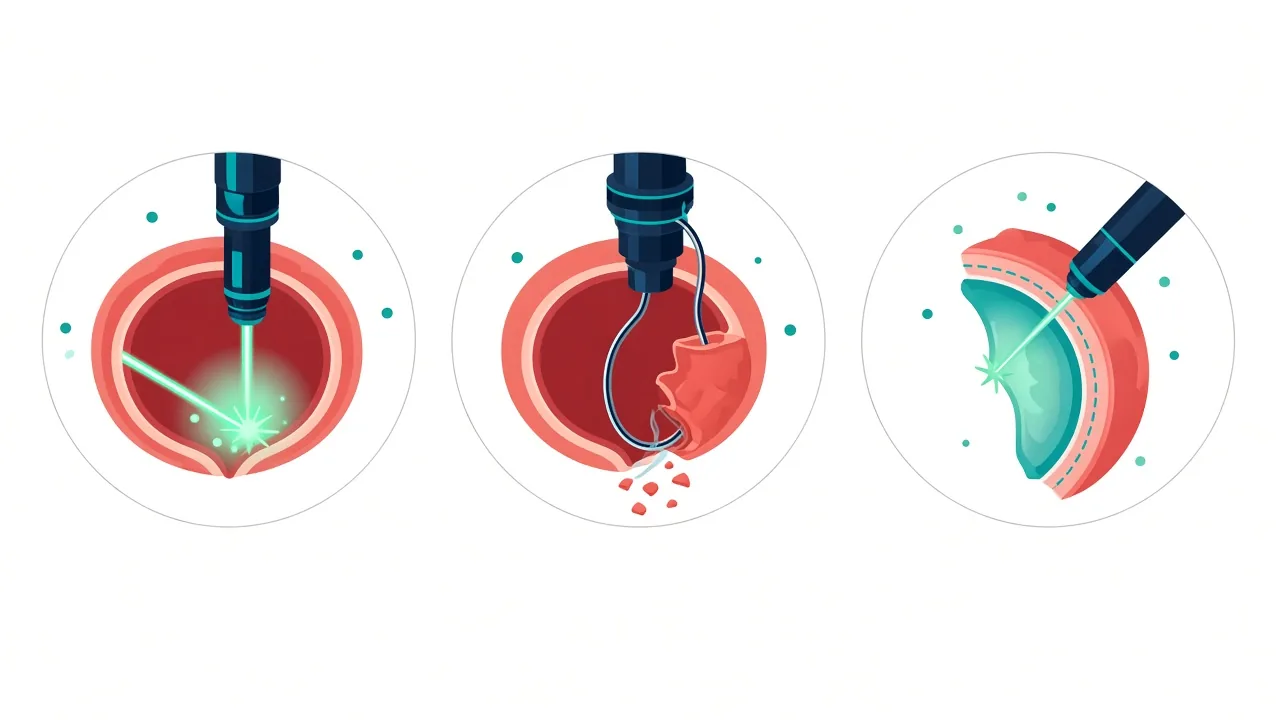 Unlabeled three-panel comparison of vaporization, resection and enucleation concepts
